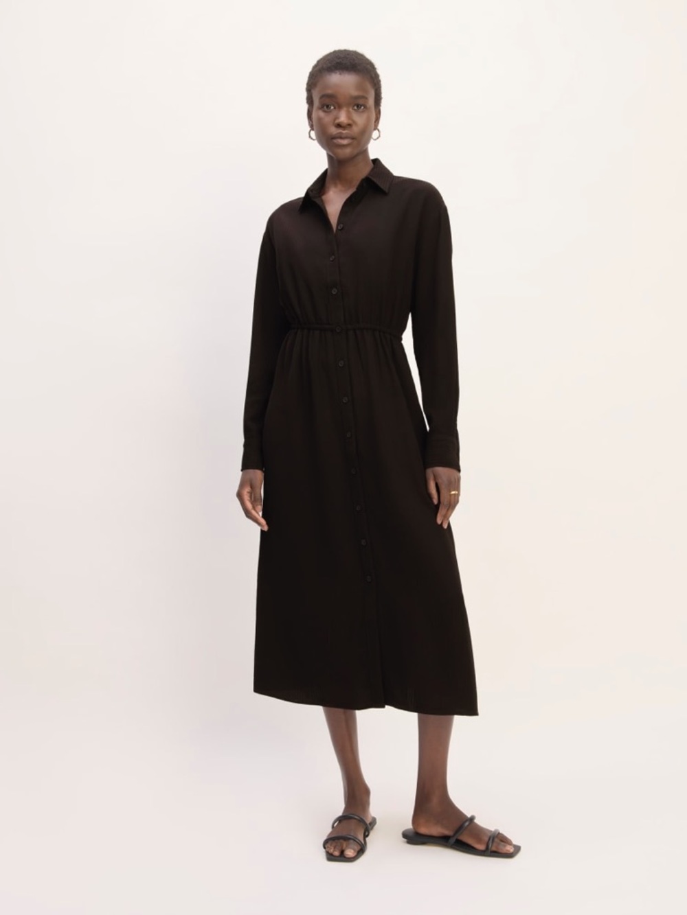 Everlane Black Long-Sleeve Button Midi Shirt Dress